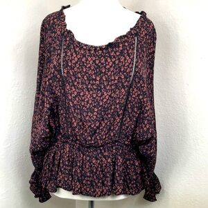 Anthropologie black brown floral print ruffle top large Dark Fairy Witchy Goth